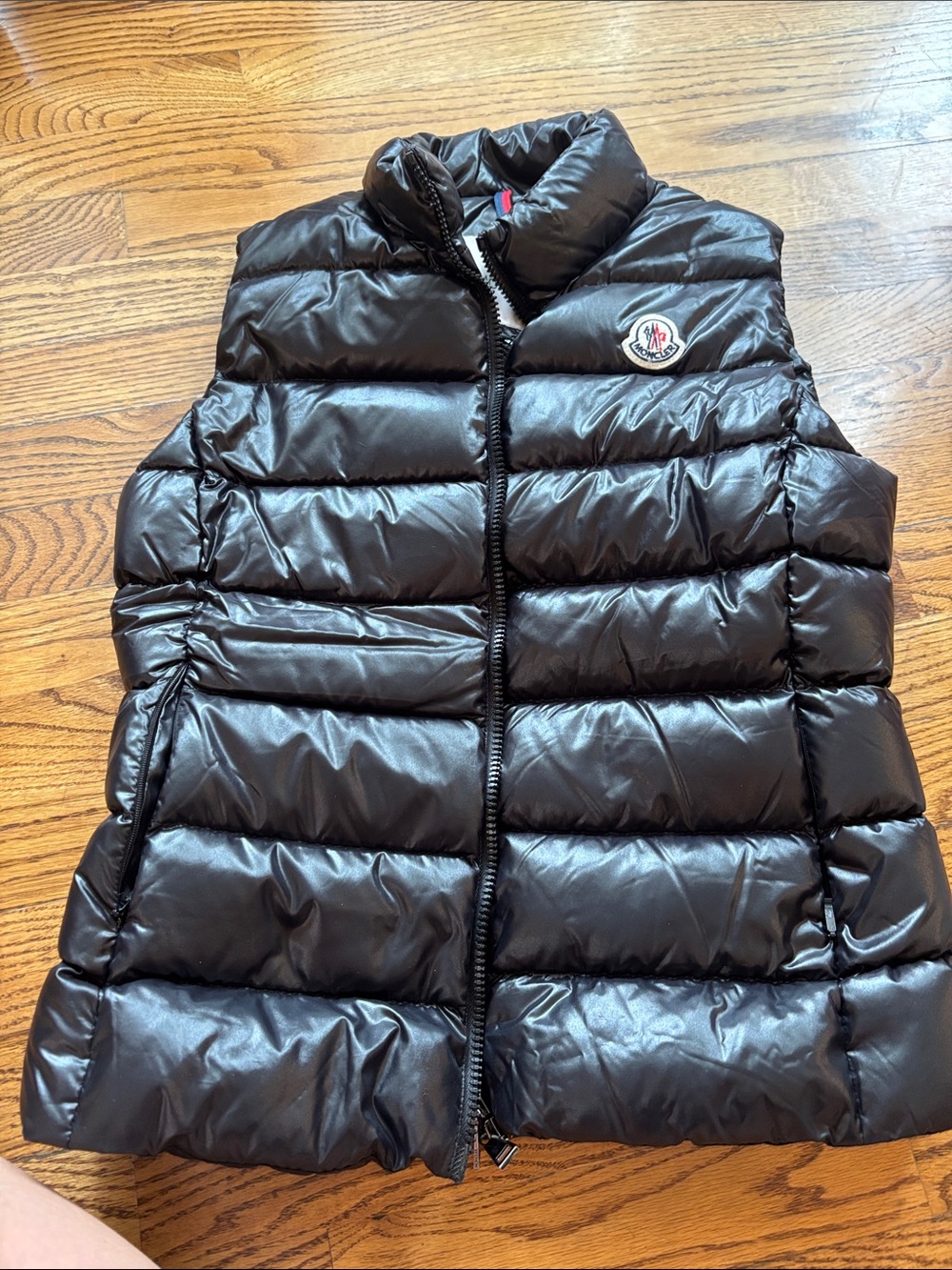 Moncler Black Shiny Quilted Down Vest with Logo Patch